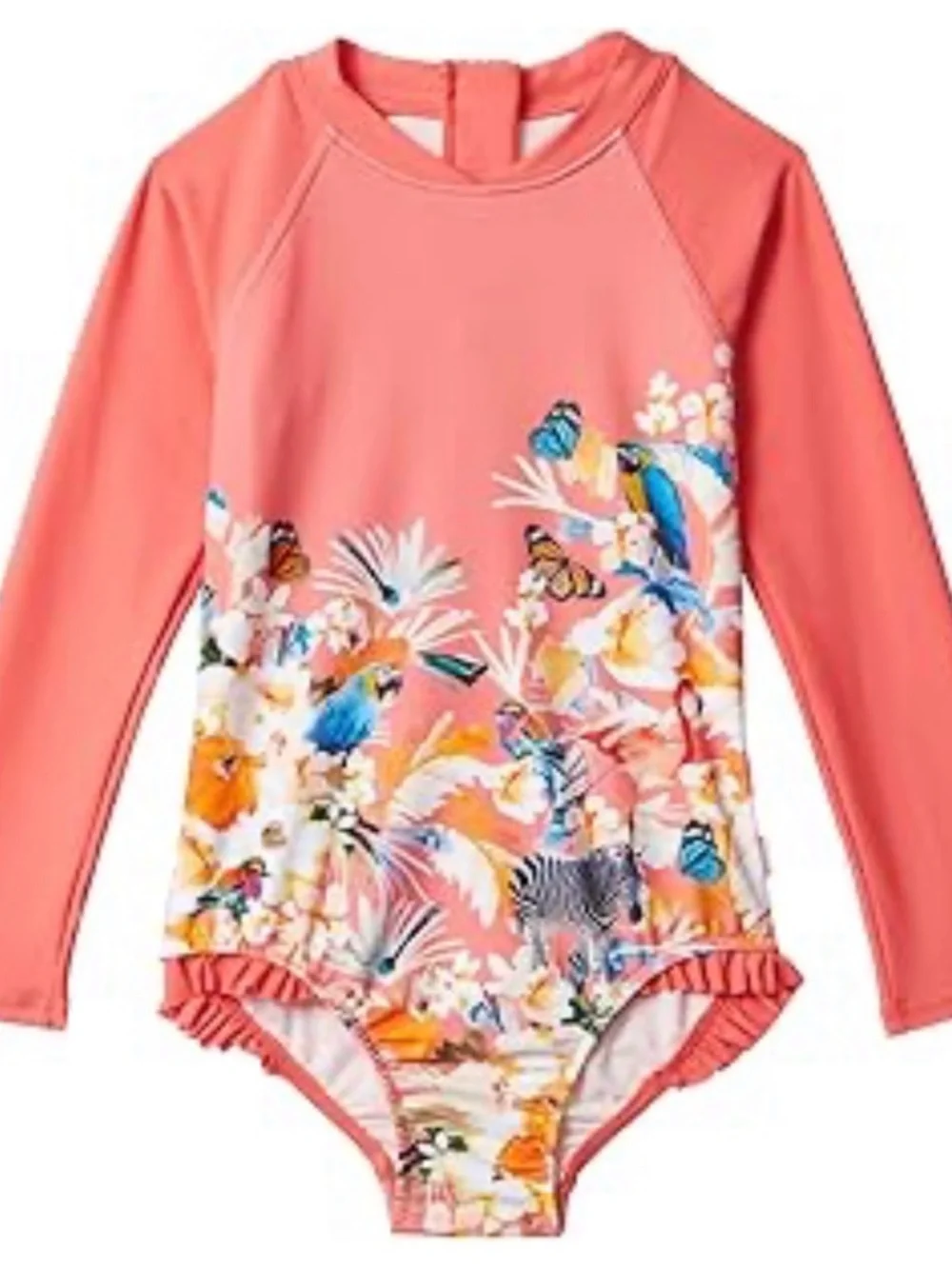 Seafolly Coral Pink Long-Sleeve Floral & Parrot One-Piece Rashguard for Kids